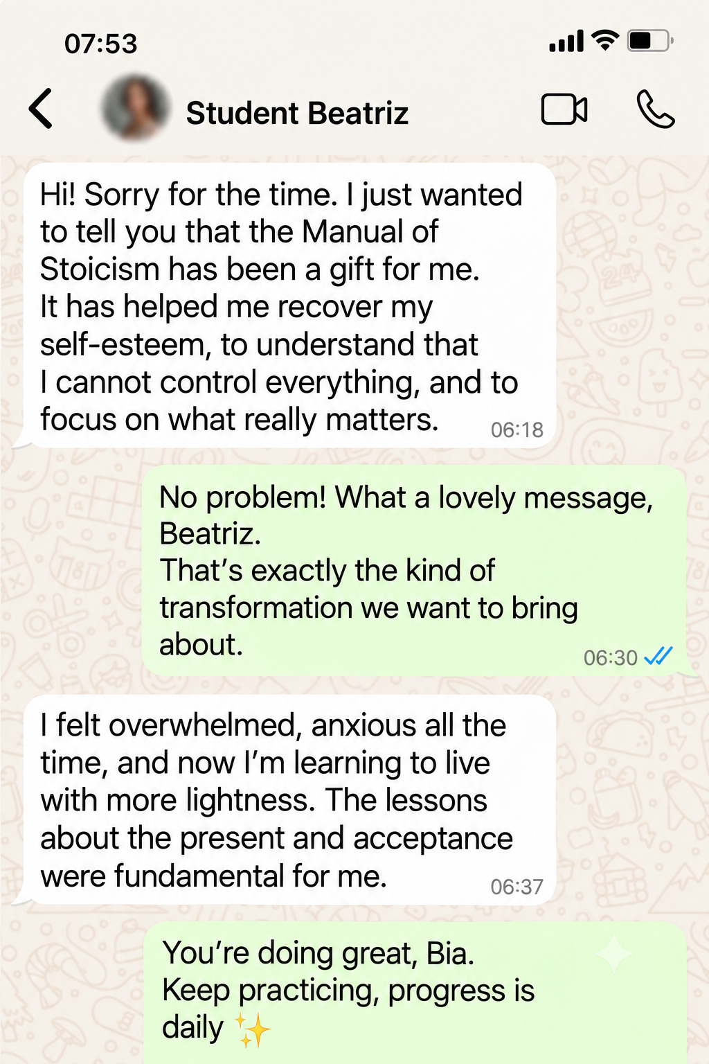 Student testimonial 1 about the Stoicism Manual